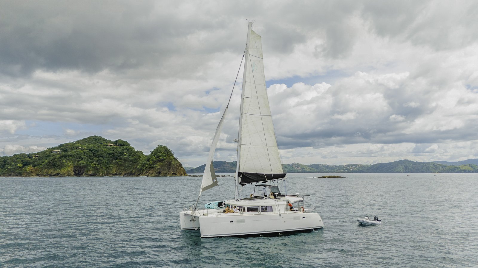 Aerial view of Vela Tropical catamaran during a half day charter